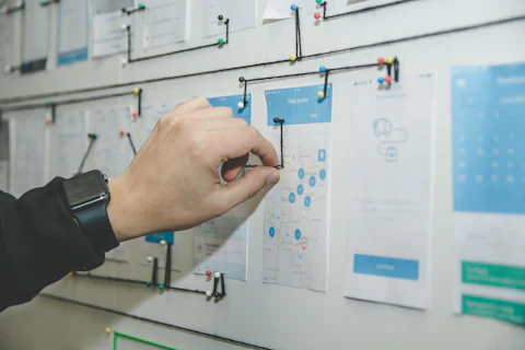 Website wireframes pinned to a wall